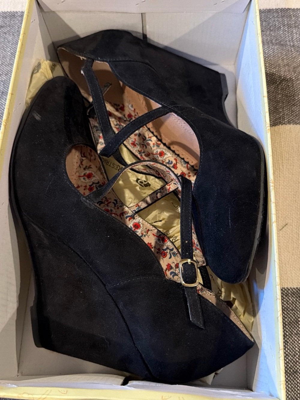 Restricted Black Suede Wedge Mary Jane Heels